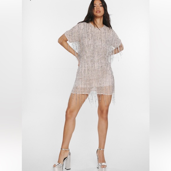 Nasty Gal Dresses & Skirts - Nasty Gal Blush Silver Tassel Mini Shift Dress 8